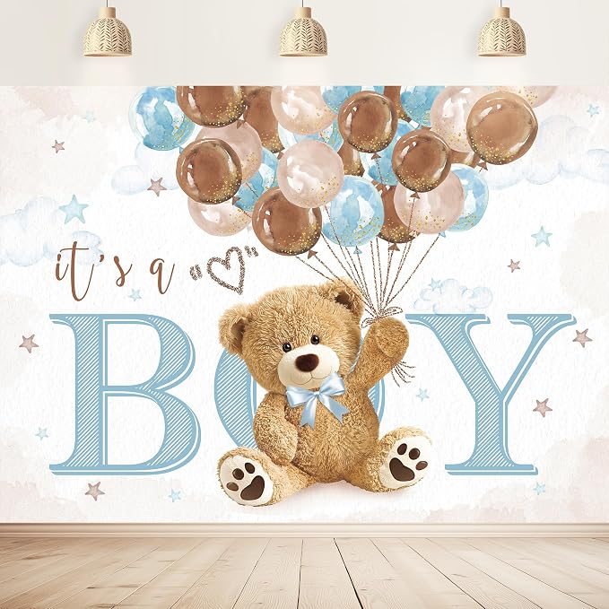 Boys Bear Baby Shower Backdrop 7Wx5H Feet It's a Boy Lovely Cute Brown Blue Balloons Cartoon Polyester Fabric Kids Newborn Photography Backgrounds Photo Shoot Decor Props Decoration