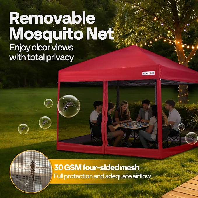 VIVOHOME 8x8ft Easy Pop-Up Canopy, Outdoor Screen Tent with Mosquito Netting, 2 Zipper Doors, and Roller Bag for Yard Camping Picnic Party Events, Red