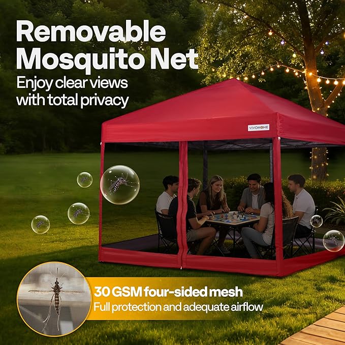 VIVOHOME 10x10ft Easy Pop-Up Canopy, Outdoor Screen Tent with Mosquito Netting, 2 Zipper Doors, and Roller Bag for Yard Camping Picnic Party Events, Red