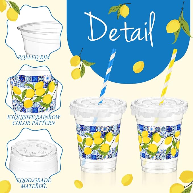 FoldTier 50 Pcs 12 oz Lemon Disposable Plastic Cups with Blue Tile Design, Lids, Straws and Leakproof Paper, Mediterranean Summer Party Supplies for Birthday Baby Shower Bridal Picnic Decorations