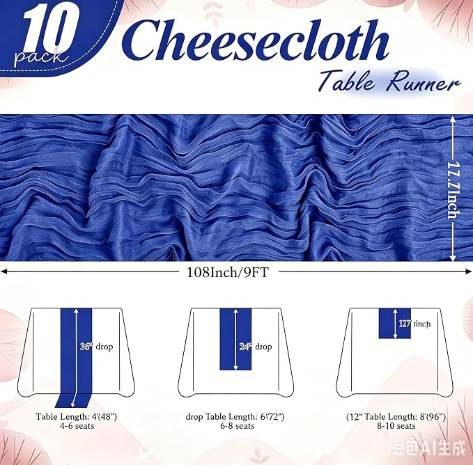 24 Pack Roal Blue Cheesecloth Table Runner 17"x108" Boho Gauze Fabric Table Runner Vintage Rustic Sheer Runners for Wedding Party Bridal Baby Shower Table Decorations