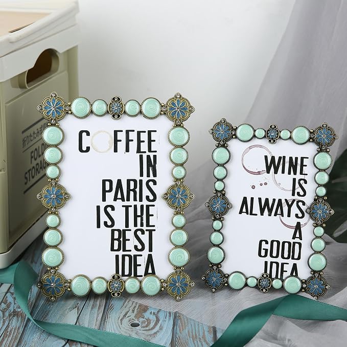 5x7 Vintage Picture Frame Ornate Metal Green Enamel Photo Frames with Glass Front, Tabletop Art Decoration, Creative Gifts Ideas for Women, Horizontally & Vertically