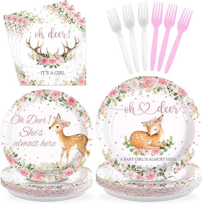 96Pcs Oh Deer She's Almost Here Baby Shower Party Pink Deer Tableware Set | Disposable Pink Deer Themed Woodland Animal Tableware for Girls Animal Baby Shower Gender Reveal Party Supplies Serves 24