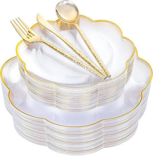 LIYH 150 Pcs Clear Plastic Plates Plastic Dinnerware Set Gold Silverware Set Gold Flower Plates Include 30 (Dinner & Dessert) Plates,30 Knives,30 Forks Suitable for Wedding