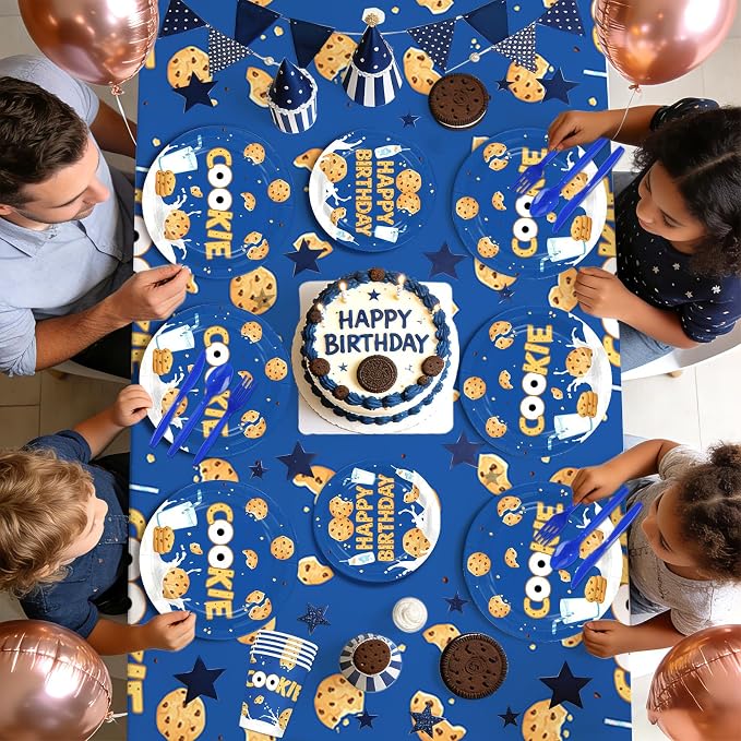 170Pcs Milk and Cookies Birthday Party Decorations Blue Chocolate Chip Milk Cookie Theme Plates Napkins Cups Forks Knives Spoons Tablecloths for Kids Birthday Baby Shower Party Supplies Serves 24