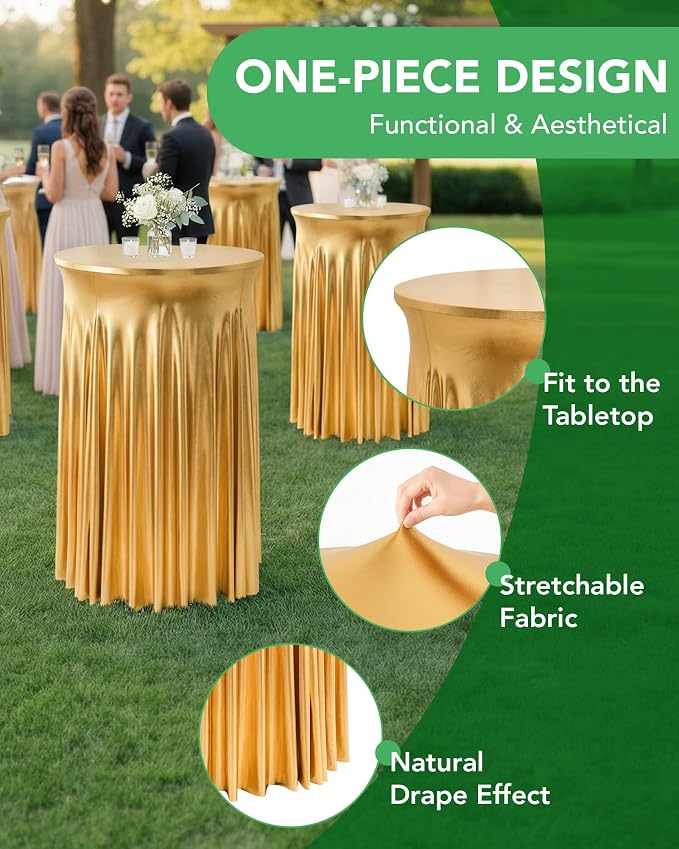 Cocktail Table Tablecloth with Skirts - 24x43 Inch Wavy Spandex High Top Cocktail Table Covers, Ruffle Drape Highboy Tablecloth Reusable for Party Wedding Cake Standing Table, Stamping Gold, 6 Pack