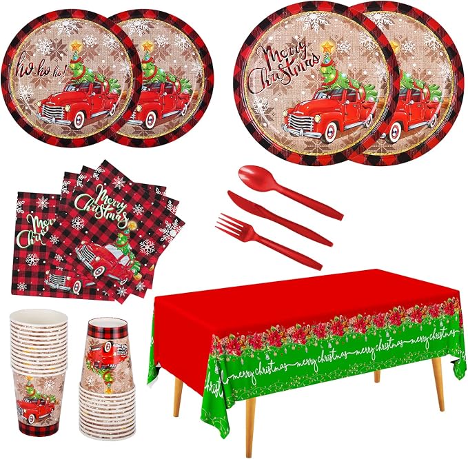 Christmas Party Supplies Disposable Paper Plates Napkins Cups Knives Spoons Forks Tablecloth for Merry Christmas Party Decorations，Serve 25