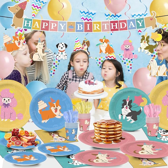 203pcs Retro Puppy Party Decorations Plates Napkins Pet Dog Birthday Party Supplies Retro Puppy Paper Cups Balloon Banner Hanging Swirls Tablecloths for Disposable Dog Birthday Tableware Set Serve 24