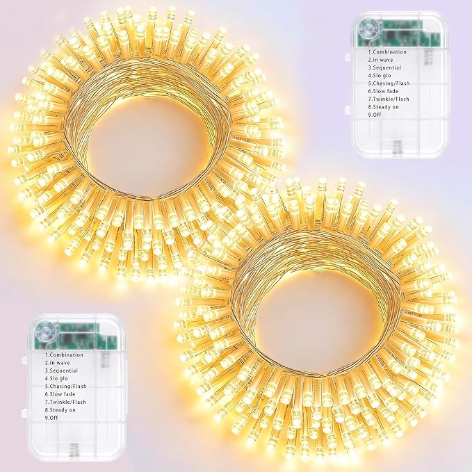 Pooqla 2 Pack String Lights Battery Operated, Total 66.6ft 200 LED Fairy Lights Indoor Outdoor Decorations, 8 Modes Warm White Battery Christmas Lights for Bedroom Classroom Porch Party Yard Decor