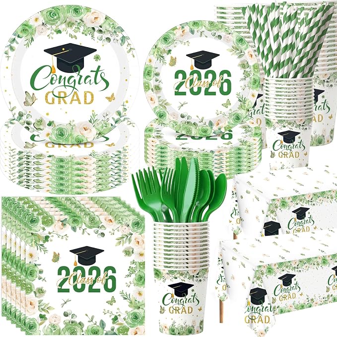 Funnymoom 452 Pcs Class of 2026 Green Gold Floral Graduation Decoration for 50, Sage Green Congrats Grad Paper Plates Napkins Cup Tablecloth Cutlery Straw for Graduated Decoration Party Supply