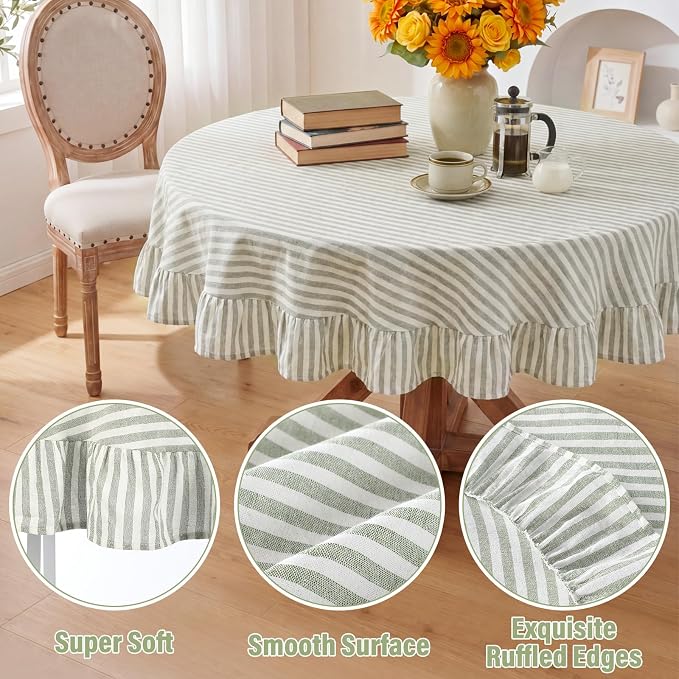 Boao Cotton 60 Inch Farmhouse Ruffle Tablecloth Sage Green White Striped Flounces Trim Table Cover for Round Table Kitchen Party Wedding Decor
