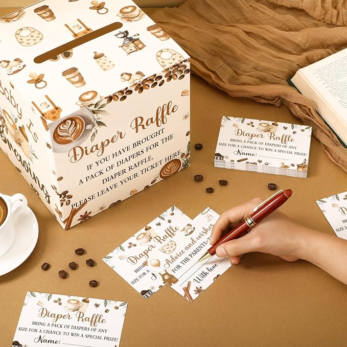 Teling 51 Pieces Coffee Beans Diaper Raffle Tickets Box with Card Baby Shower Decorations Gender Reveal Holder Box for Girl Boy Diaper Raffle Party