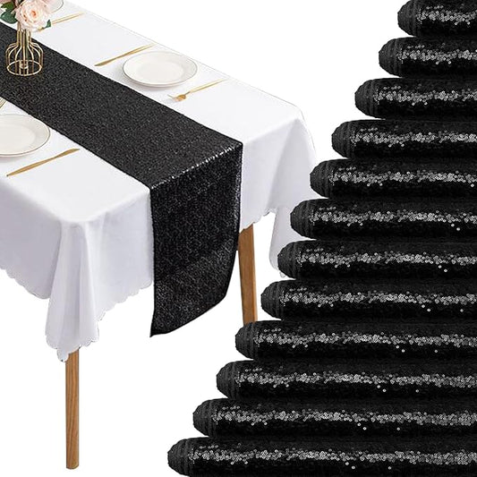 12 Packs Sequin Table Runner Glitter Dining Table Runner for Birthday Wedding Engagement Bridal Baby Shower Bachelorette Holiday Celebration Party Supplies Decorations (12" x 108", Black)