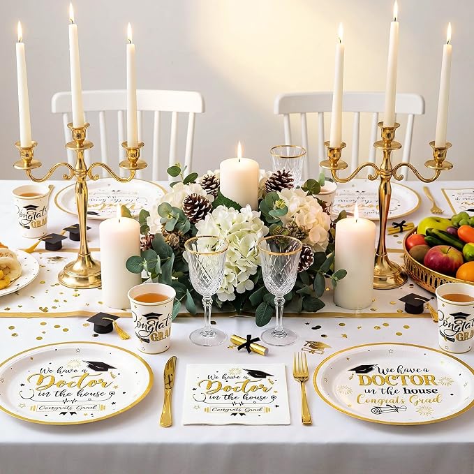 Vesici 150 Pcs Doctor Graduation Party Supplies We Have a Doctor in the House Tableware Set Paper Plate Cup Napkin 10" x 12" Large Heavy Duty Disposable Plate for Medical School Grads Celebration