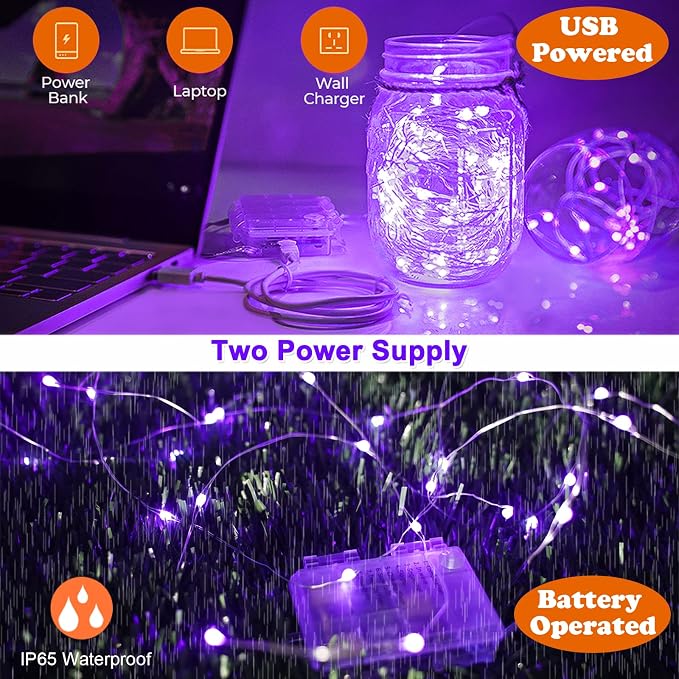Battery Operated LED UV Black Lights, 33FT 100 Units 2835 LED UV Lamp Beads 8 Modes Flexible Blacklight Fixtures Fairy String Lights with Remote for Fluorescent Party Stage Body Paint Halloween Décor