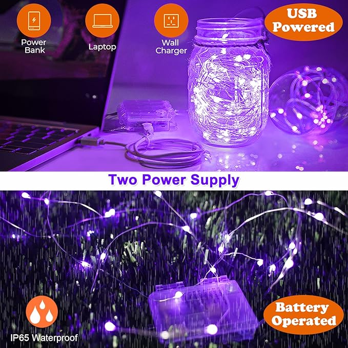 OMIKA Battery Operated LED UV Black Lights, 16.5ft 50 Units 2835 LED UV Lamp Beads 8 Modes Flexible Blacklight Fairy String Lights with Remote for Fluorescent Party Stage Body Paint Halloween Decor