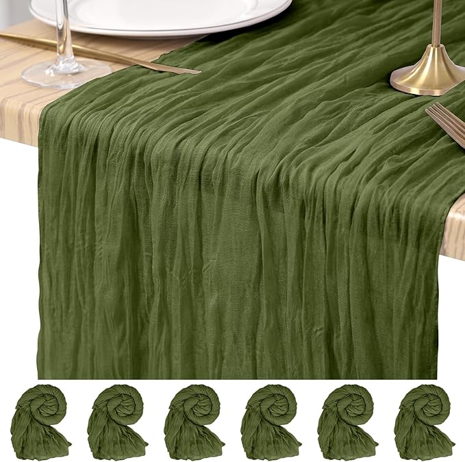 6 Pack Cheesecloth Table Runner Olive Green 10Ft Rustic Boho Gauze Table Runner Romantic Long Sheer Fabric Cheesecloth Table Runner for Wedding Festival Birthday Anniversary Dinner Outdoor Events