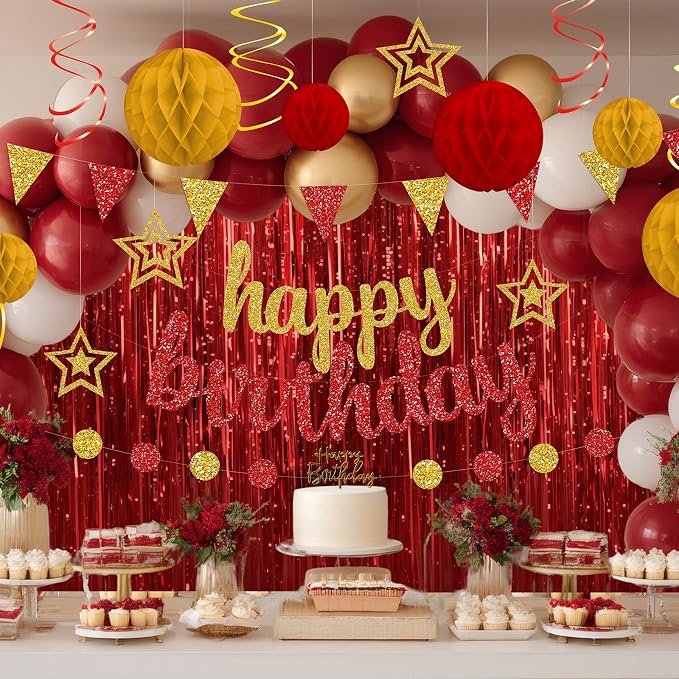 Red and Gold Birthday Party Decorations Set - Happy Birthday Banner Balloons Foil Curtains Hanging Swirls for Men Women Birthday Party Supplies