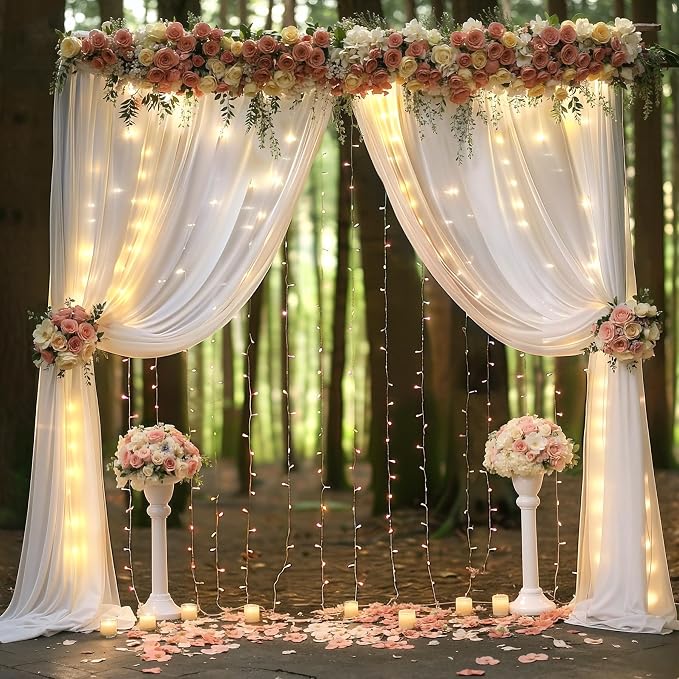 20ft x 10ft White Chiffon Backdrop Curtain with Lights String for Parties,4 Panels Sheer Tulle Curtain Wedding Backdrop for Baby Shower Birthday Party Ceremony Reception Home Decorations