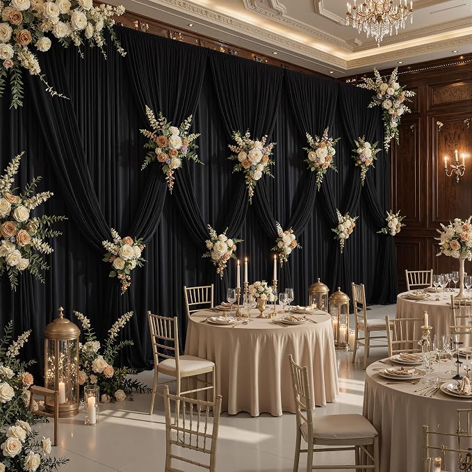 10ftx12ft Wrinkle Free Black Backdrop Curtain, 2 Panels 12FT Long Wedding Photo Backdrop Drapes, Silky Polyester Back Drop Cloth for Birthday Photography Background Party Backdrop Draping