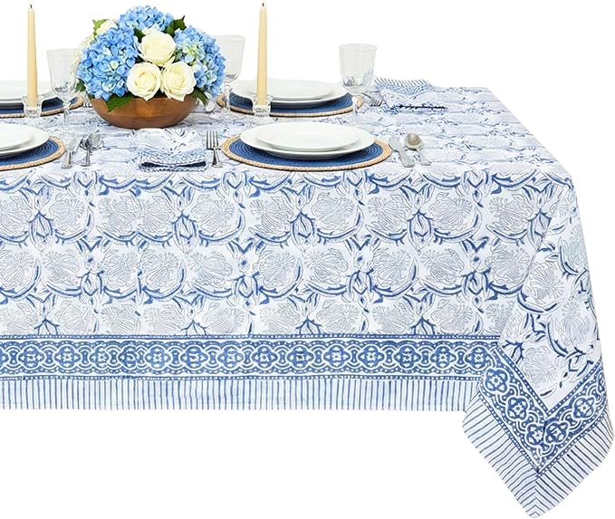 ATOSII ‘Santorini’ 100% Cotton Fall Tablecloth, Handblock Print Blue Square Table Cloth for Kitchen I Dining Table Linen I Parties Wedding Christmas Thanksgiving I Fall Decor 60 X 60 Inches