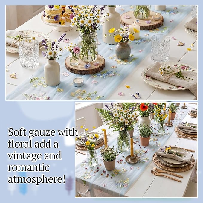 Lounsweer Blue Wildflower Table Runner 10ft Embroidery Tulle Spring Floral Table Runner Seasonal Summer Butterfly Kitchen Dining Gauze Decoration for Wedding Baby Shower Birthday Party
