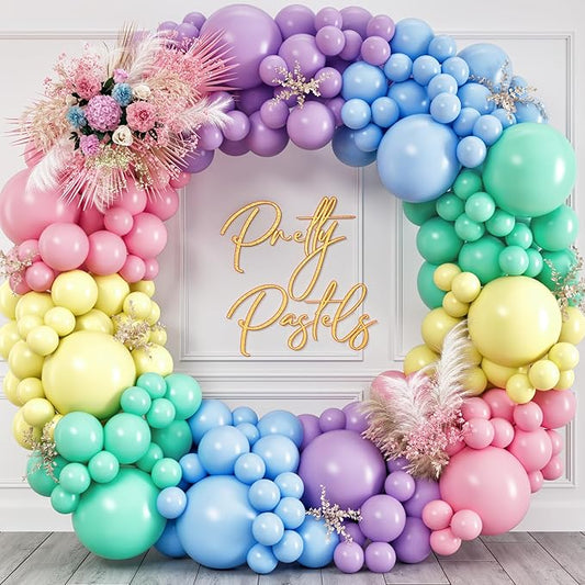 100 Pastel Balloons Assorted Colors & Size – Rainbow Birthday Party Decorations – Macaron Balloons in Blue, Purple, Yellow, Green & Pink – Matte Colored Supplies for Spring, Candy, Easter, & Unicorn