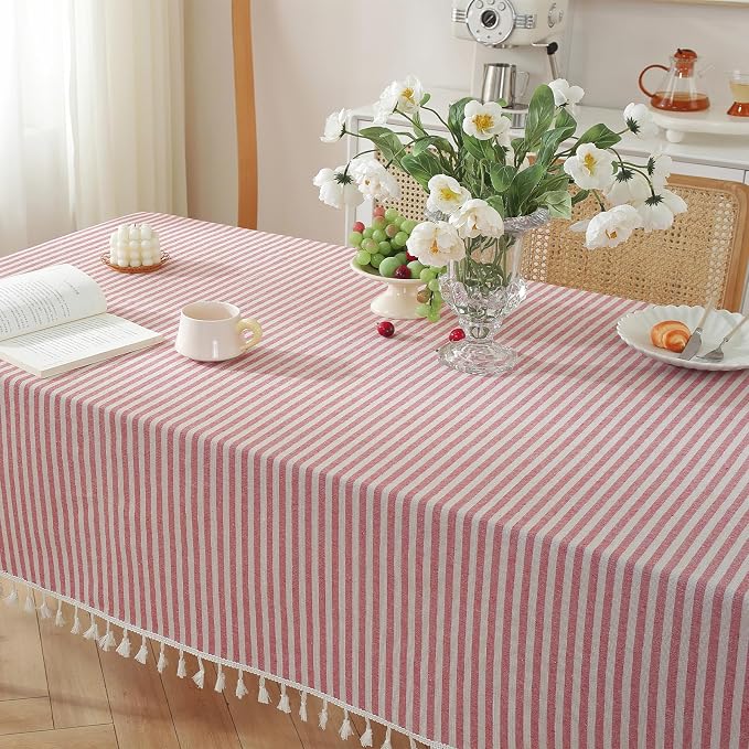 meioro Rectangle Striped Tassels Tablecloth Cotton Linen Stain and Wrinkle Resistant Washable SquareTable Cloth Cover for Indoor or Outdoor Events & Parties(Red 24x24 Inch)