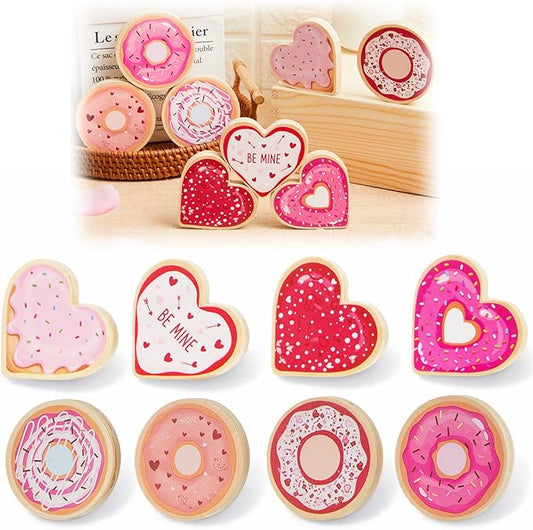 Novabright 8 Pcs Donut & Heart Wooden Tiered Tray Decor, Cute Pink Dessert Table Blocks for Shelf, Coffee Bar, Kitchen Counter, Farmhouse Home Valentine Decoration