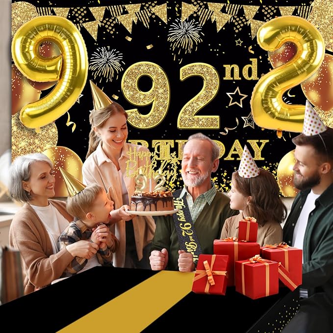 92nd Birthday Decorations Men Women with 92nd Birthday Banner, Black and Gold Table Cloth, Number Balloons, Large Sash, Cake Topper and Candles