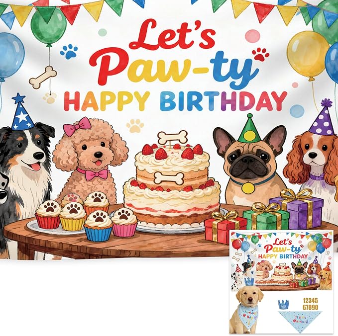 Dog Birthday Party Supplies,72X43Inch Let's Pawty Dogs Kids Birthday Party Banner Birthday Boy Cake Bandana Triangle Scarf Party Hat with Numbers for Large Medium Small Dog