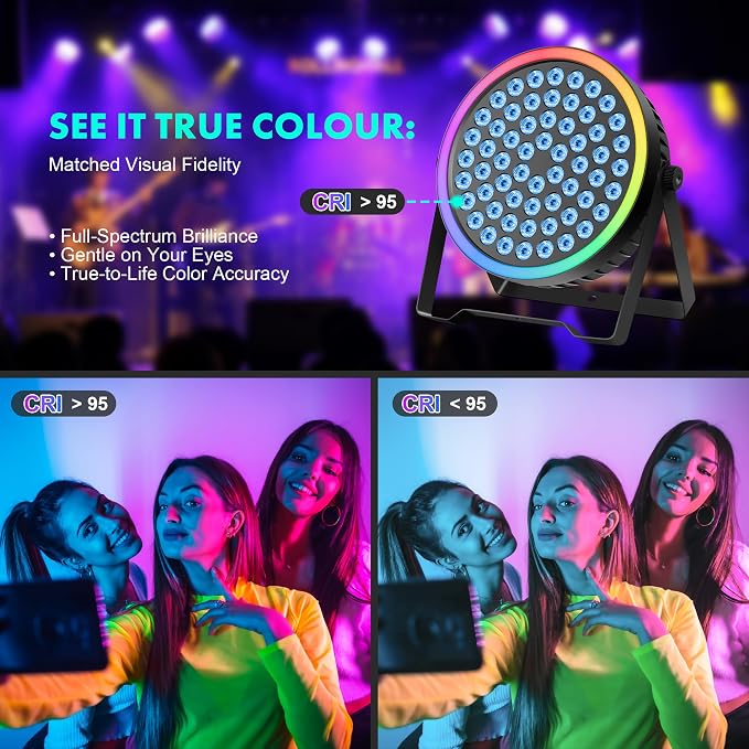90W RGB Stage Par Lights with Ambient Light Strip - Dual Layer Halo Effect, DMX512 & Sound Activation, 60 LEDs Uplight for Wedding Party DJ Church Concert Indoor (4 Pack)