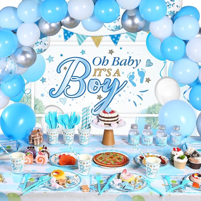 Chengu 194 Pcs Elephant Baby Shower Party Supplies - Blue It's a Boy Backdrop Banner, Tablecloth, Tableware & Balloons Party Decorations for Baby Showers Gender Reveal(Boy Style)