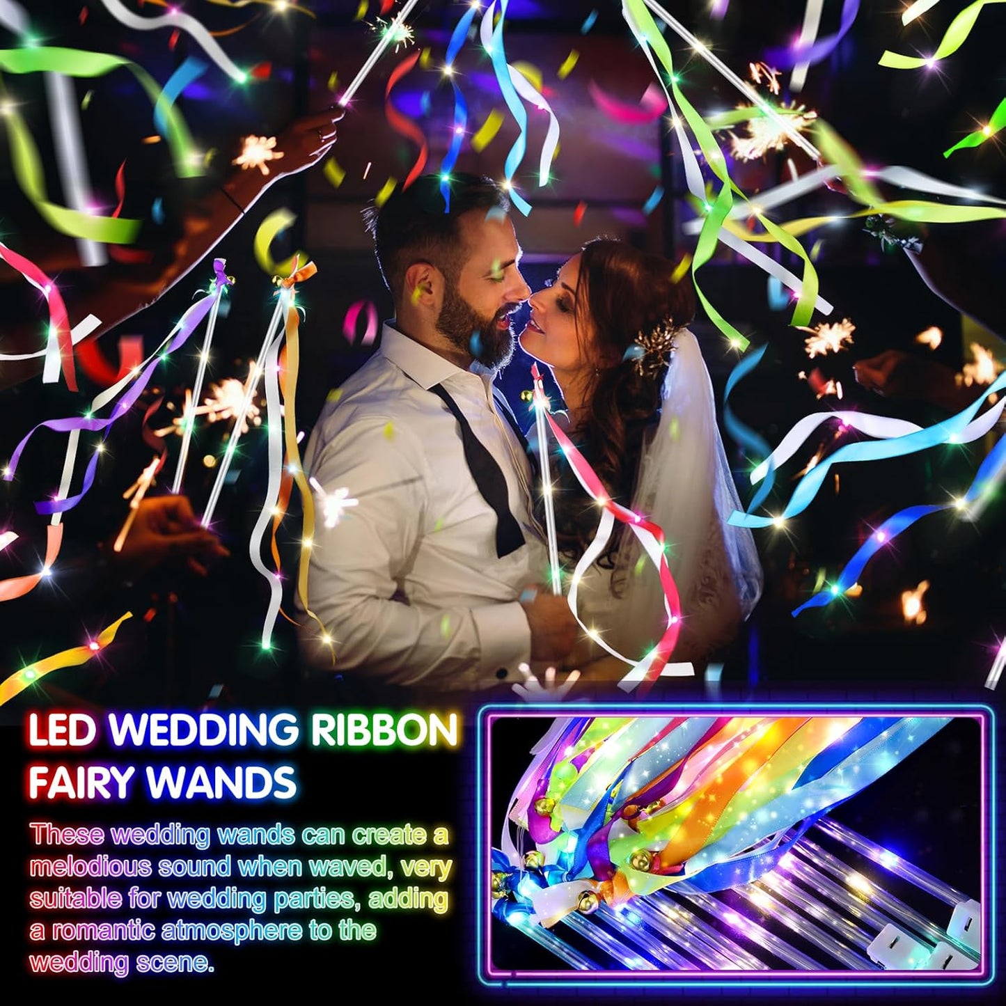 100 PCS Light Up Wands for Wedding, Wedding Favors with 3 Colorful Flashing Modes, LED Silk Fairy Wands with Bells for Wedding, New Year, Raves, Concert, Birthday, Party Streamers