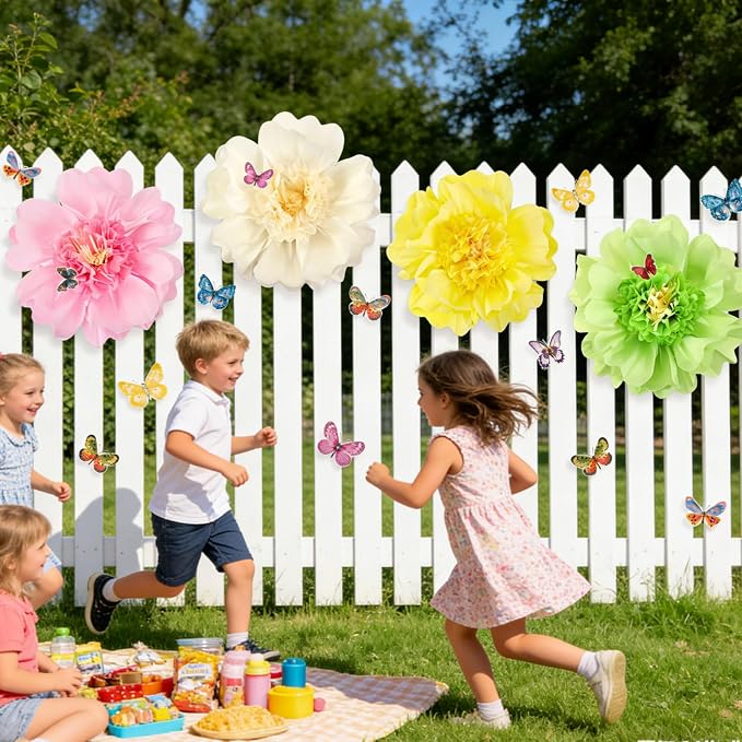 SUNBEAUTY 4 PCS Pastel Paper Flower Decorations 3D Butterflies Stickers Crepe Large Paper Flowers Tissue Paper Flowers for Wall Spring Garden Birthday Baby Shower Tea Easter Party Classroom Wedding