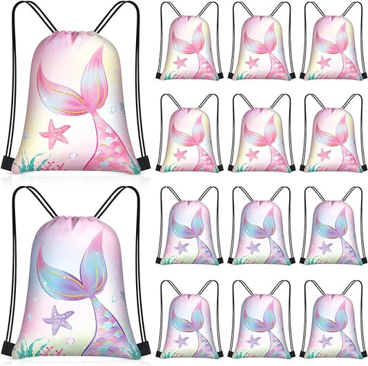 Censen 24 Pcs Mermaid Party Favor Drawstring Bag Bulk 12 x 10 Inch Mermaids Theme Party Favor Bags Waterproof Pack for Kids Gift Birthday Party, as pictures shown