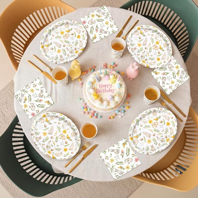 Vesici 150 Pcs Easter Bunny Oval Paper Plates and Napkin Set Bunny Tableware 10'' x 12'' Large Disposable Heavy Duty Rabbit Green Leaves Dessert Plates Cups Napkins for Spring Easter Party Supplies