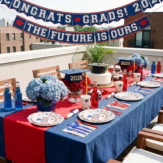 400 Pcs 2026 Red White Blue Graduation Decoration for 50, Red Blue Floral Graduation Paper Plates Napkins Cups Cutlery Flower Grad Tableware for Class of 2026 Congrats Grad Party Supply