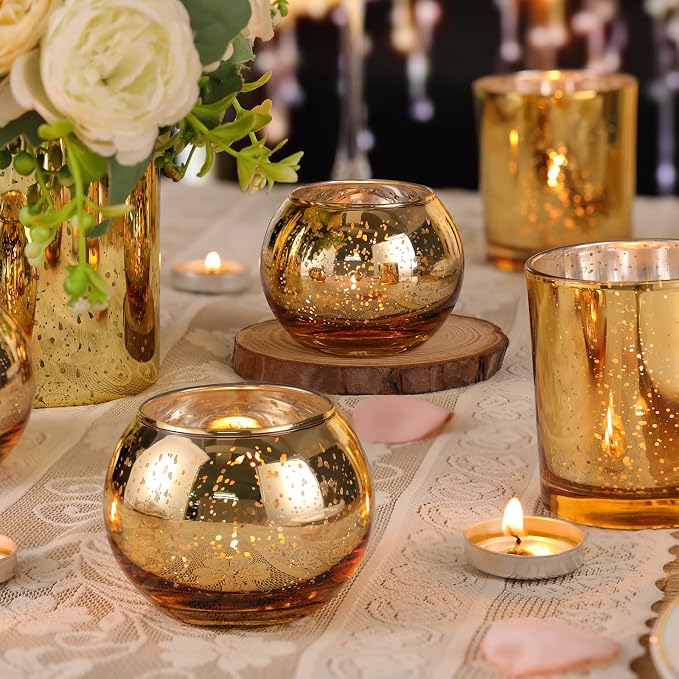 Volens 30pcs Assorted Gold Votive Candle Holders Bulk, Large Gold Wedding Centerpieces for Tables, Mercury Glass Votive & Tealight Candle Holders for Party Decorations and Home Decor