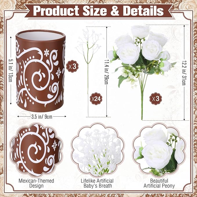 Mumufy 30 Pcs Rustic Fiesta Table Centerpieces with Cardboard Paper Vases and Artificial White Flowers, Cielito Lindo Farmhouse Wedding Decorations for Bridal Shower, Baby Shower, Birthday, Taco Party