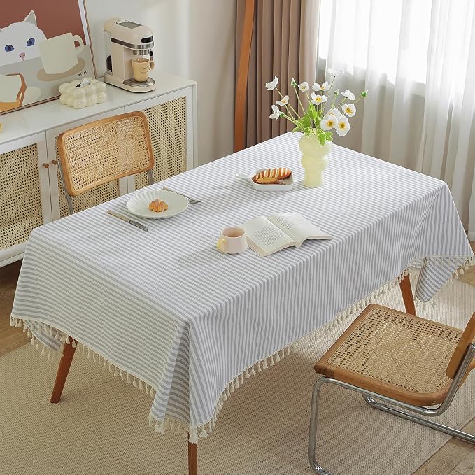 meioro Striped Tablecloth Rectangle Tablecloths Cotton Blend Table Cloth Washable Tabletop Decorative Fabric Table Cover for Kitchen Dinning (Grey, 52 x 70 Inch)