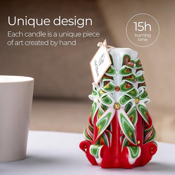 Carved Candles - Handmade Decorative Large Candle – Tall Long Burning Cute Spiral Candles for Women – Table Candle for Home Decor, Cozy Cottage Core Gift - Christmas Gift for Mom - Green&red