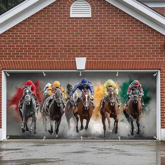 Horse Racing Garage Door Banner Cover 7x16FT Waterproof –Kentucky Derby Backdrop with Jockeys,Indoor Outdoor Decor for Derby Party,Sports Events,Photo Booth & Race Day Celebration