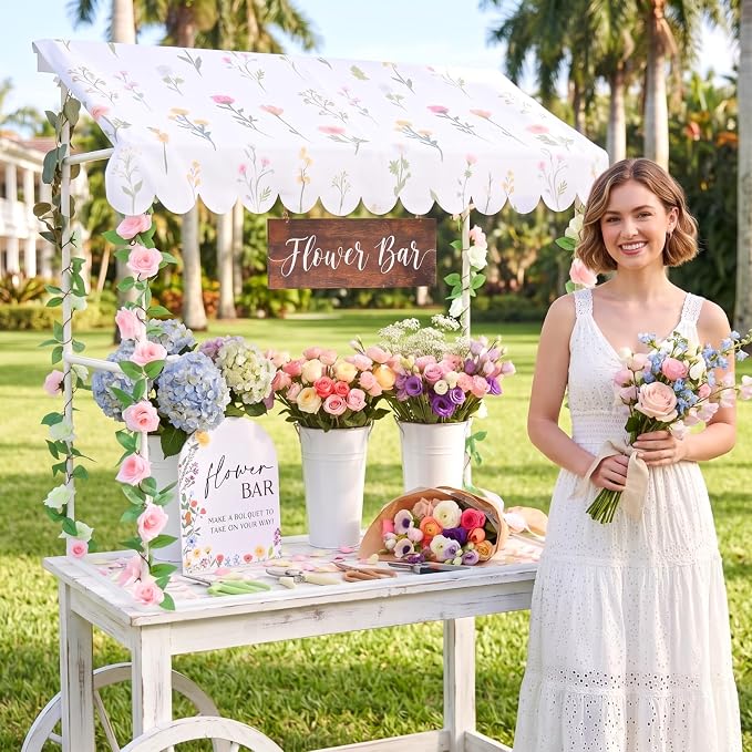 7 Pcs Flower Bar Stand Kit Flower Display Bloom Bar with 1 Set Plastic Stand 1 Floral Sunshade Cloth 4 Rose Tinsel 1 Wood Sign for Wedding Shop Floral Party Supplies Garden