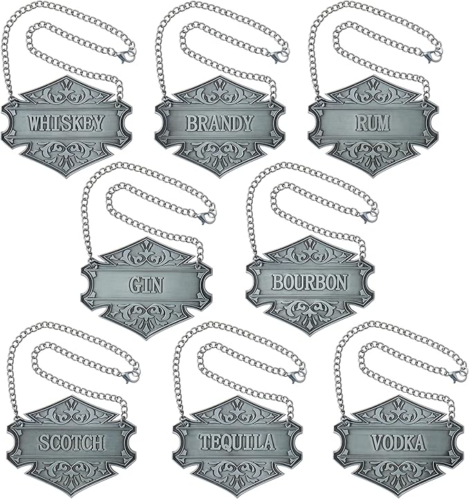 8PCS Liquor Decanter Tags-Gin, Vodka, Bourbon, Whiskey, Brandy, Rum, Scotch, Tequila/Adjustable Chain Bottle Labels/Silver