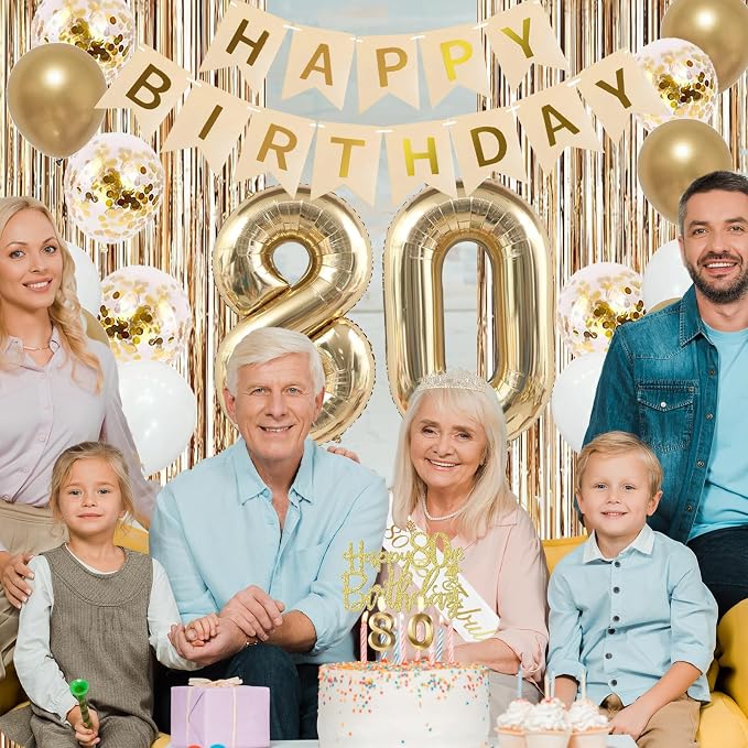 Trgowaul 80th Birthday Decorations for Women, Banner, Sash and Crown, Cake Topper, 80 Number Balloon, Fringe Curtains, Champagne Gold 80th Birthday Party Supplies