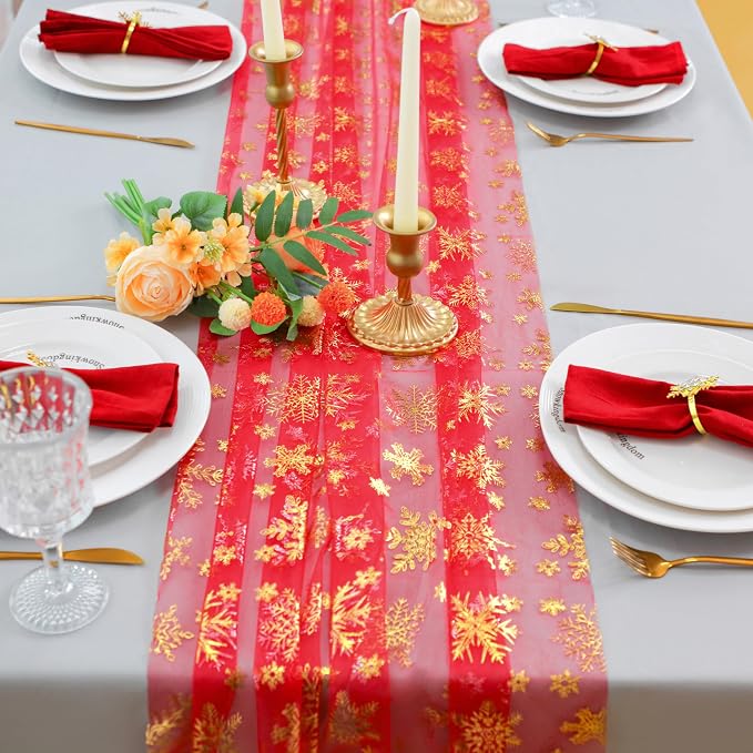 Snowkingdom Red Table Runner, 120 Inches Long Sheer Tulle with Gold Snowflake for Winter Holiday Wedding Home Party Table Decor