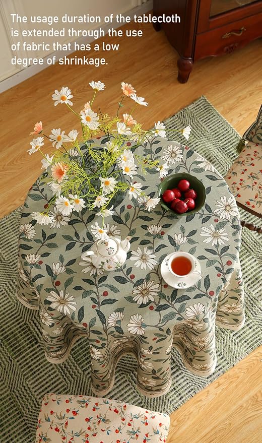 ISAENNE Designer Vintage Linen Green Round Tablecloth,Diameter 67"-Brune | French Elegant Beautiful Table Cloth,Floral Pattern,Heavyweight,Decoration,Dining Room,Tea Party,Kitchen,Thanksgiving