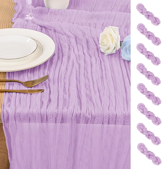 8 Pack 10Ft Cheesecloth Table Runner Lavender, 20 x 120 Inch Rustic Gauze Boho Cheese Cloth Table Runners Wedding Long Table Runner for Wedding Party Bridal Shower Table Decoration