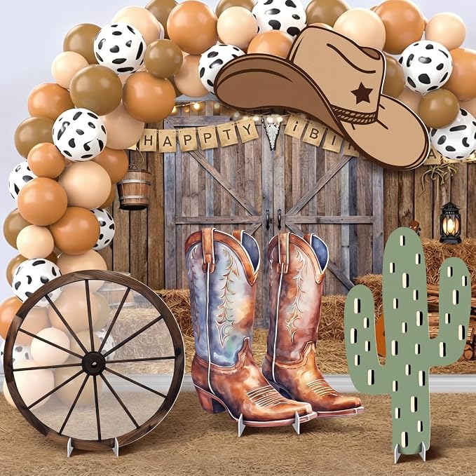 4 Pcs Western Party Decorations, Large Cowboy Birthday Party Decorations, 24 Inch Plastic Cardboard Cutouts Props, Wild West Themed Standups with Boots Wagon Wheel Cactus Hat for Photo Booth